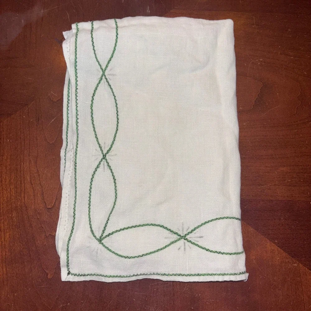 Vintage | Handmade Linen Table Runner | Green Embroidered Chain Link 41x12.5‎